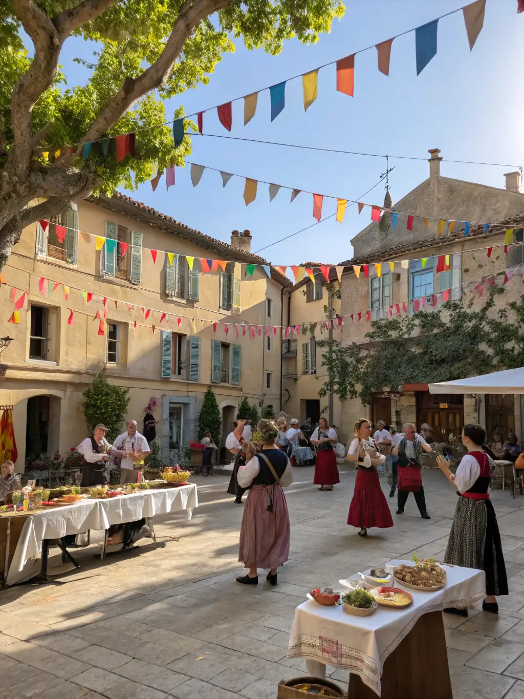 A photograph depicting the Lusigny Summer Festival, showcasing families enjoying games, food stalls, and live music under a sunny sky. The image should convey a sense of community and celebration.