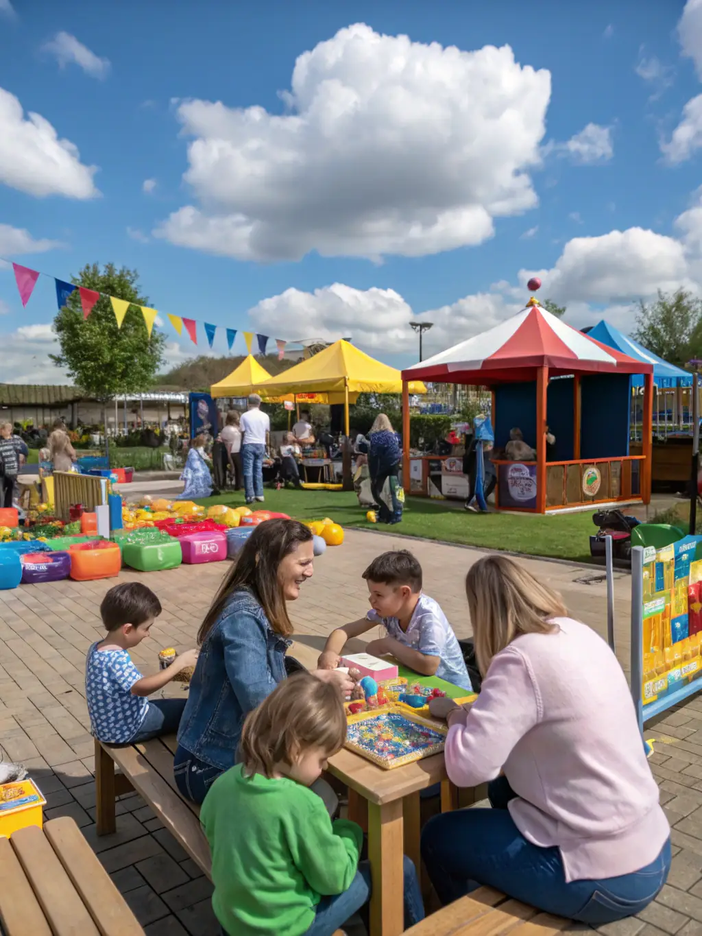 A photograph capturing the excitement of the Lusigny Village Fair, showing children participating in games, families enjoying rides, and the community coming together for a day of fun and entertainment.