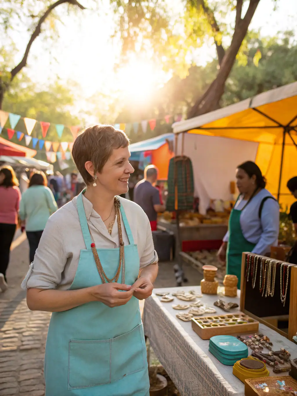 A photograph of a local artisan showcasing their crafts at a Lusigny community event, highlighting the talent and creativity within the community. The image should emphasize the unique and handmade nature of the products.