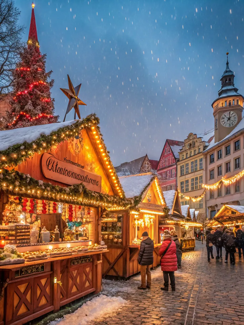 A photograph of the Lusigny Christmas Market, featuring decorated stalls, twinkling lights, and people browsing handmade crafts and enjoying festive treats. The image should evoke a warm and joyful holiday atmosphere.