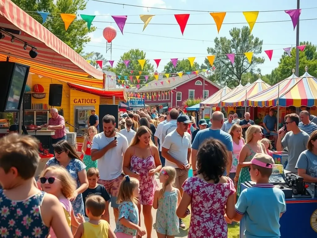 A vibrant outdoor festival scene with families, music, and colorful decorations, representing AALL ASSOCIATION ANIMATIONS LOISIRS LUSIGNY's community events.