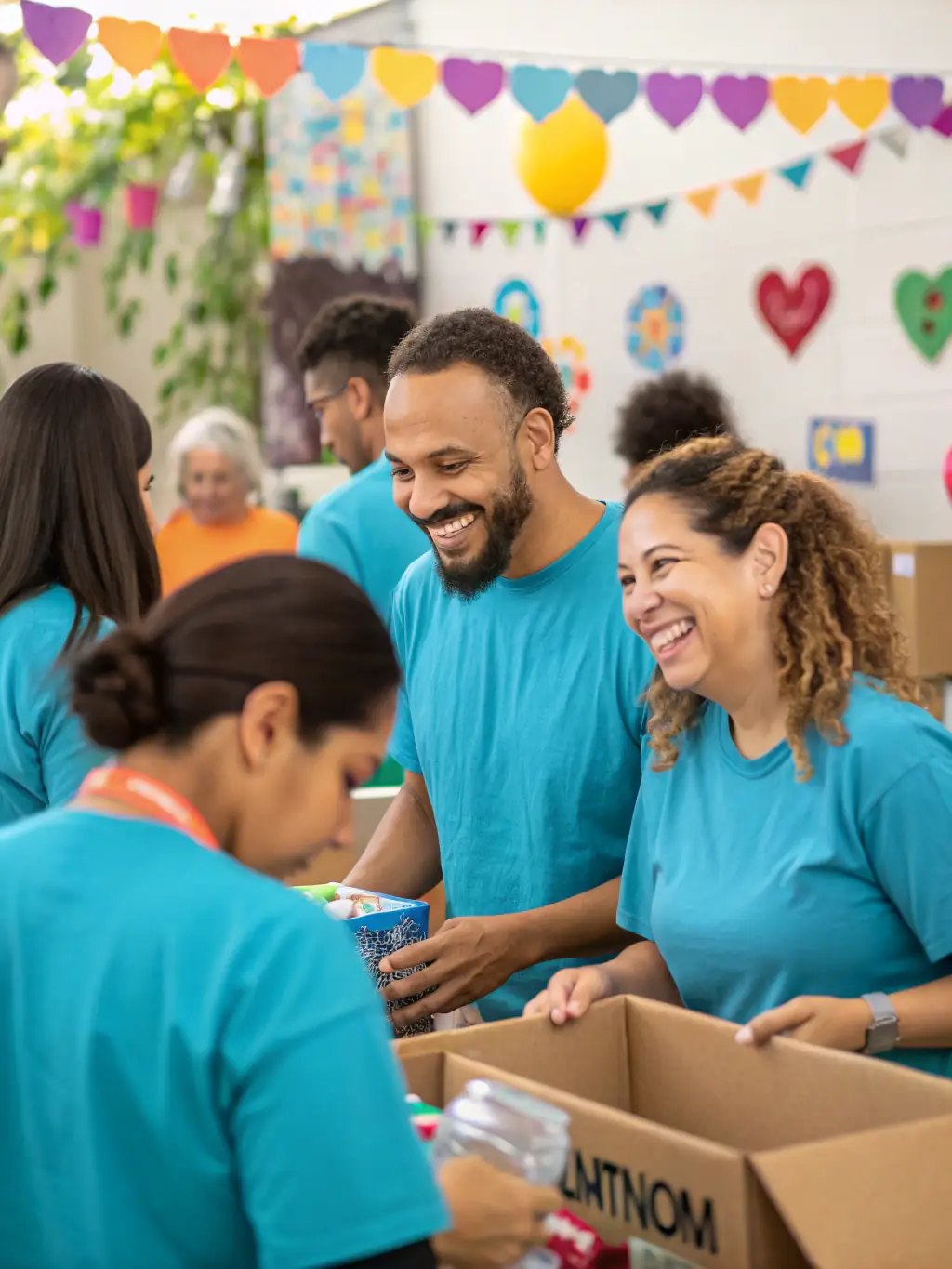 A photograph of a group of volunteers from AALL working together to organize a community event, showcasing their dedication to fostering community engagement and social interaction.